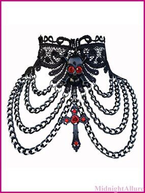 Adjustable Black Lace Gothic Skull Cross Choker Necklace for Halloween Costume